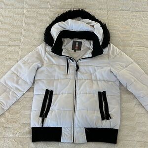 Hooded black and white puffer coat